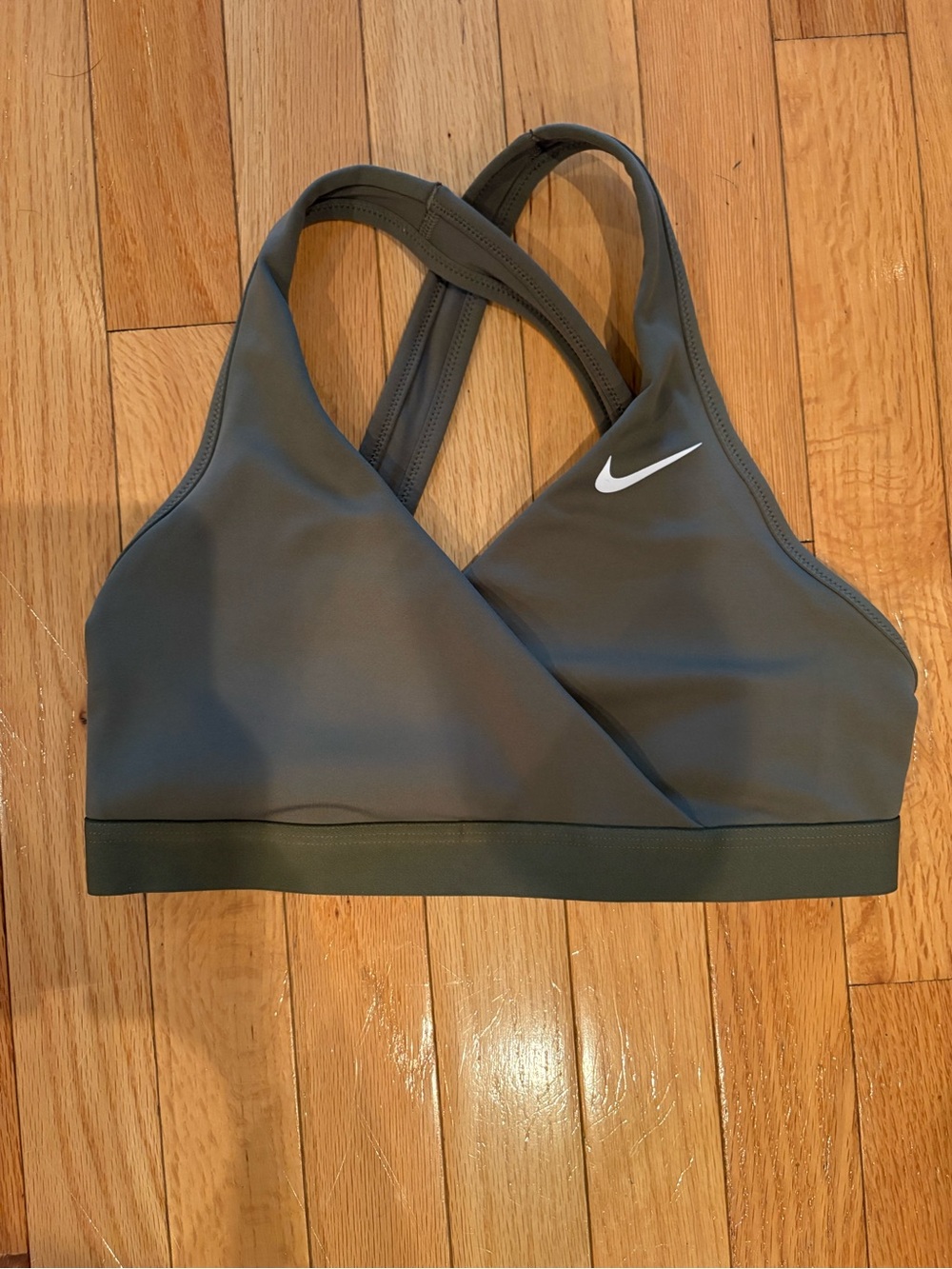 Nike Olive Green Cross-Back Sports Bra with White Swoosh
